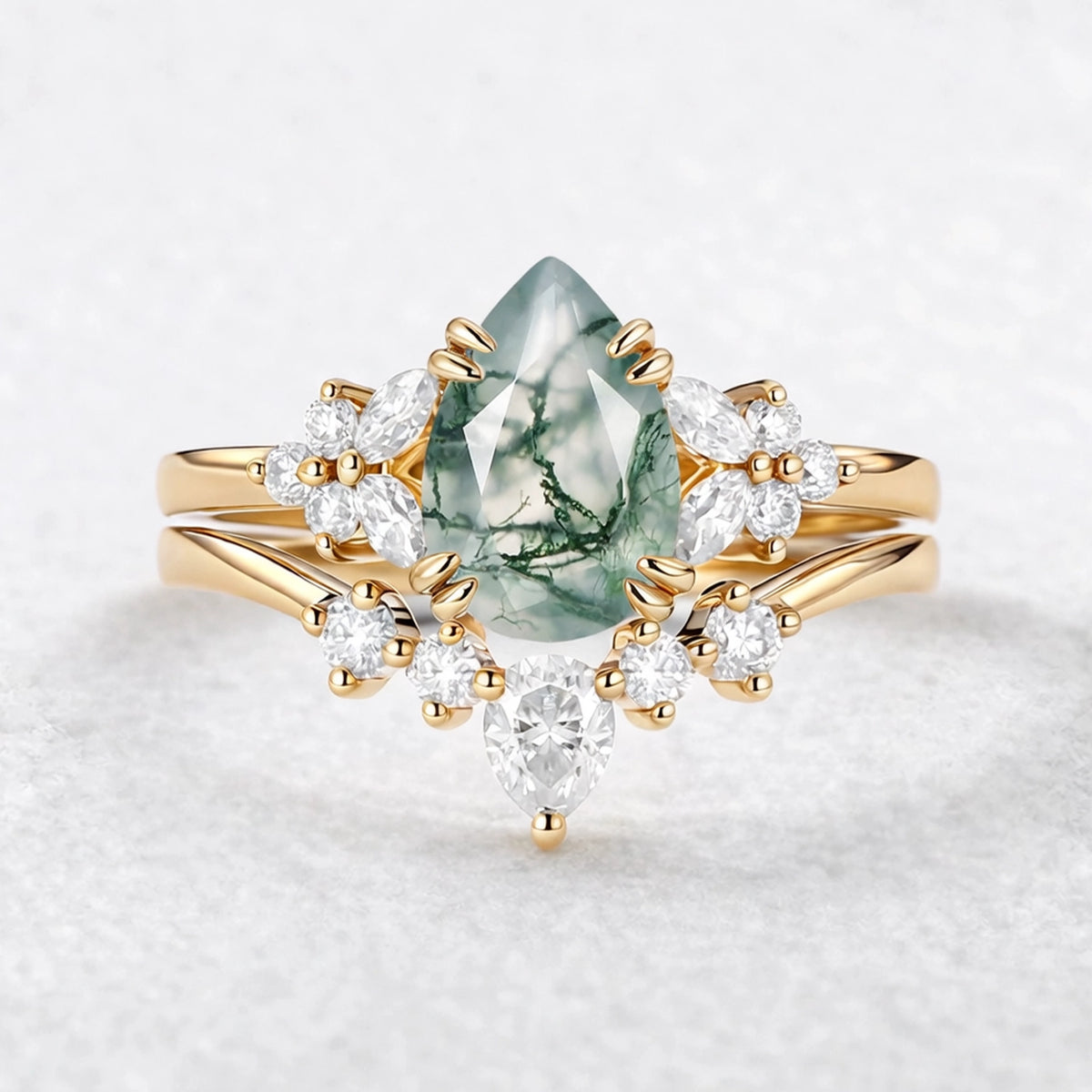 Cerys Pear Shaped Moss Agate Cluster Chevron Gold Ring Set 2pcs.