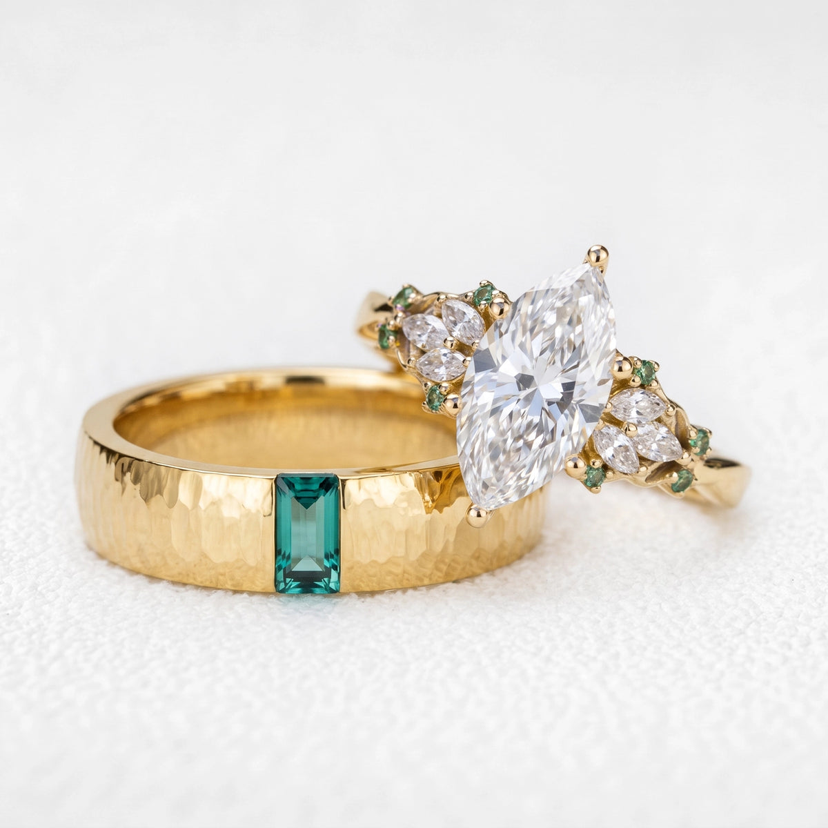 Eleonora’s Keystone | Vintage 2CT Marquise Diamond & Hammered Emerald Couple Set