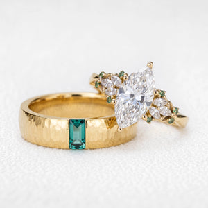 Eleonora’s Keystone | Vintage 2CT Marquise Diamond & Hammered Emerald Couple Set