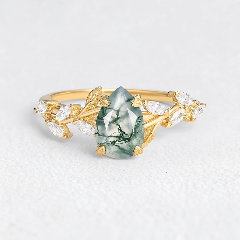 Celandine’s Tendril | Pear Cut Moss Agate Vine Engagement Ring.