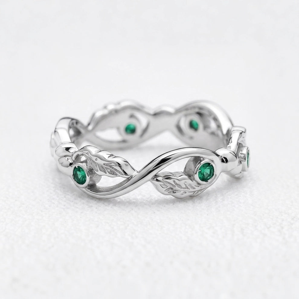 The Lacy Oak | Openwork Oak Leaves & Natural Emerald Women's Wedding Band.