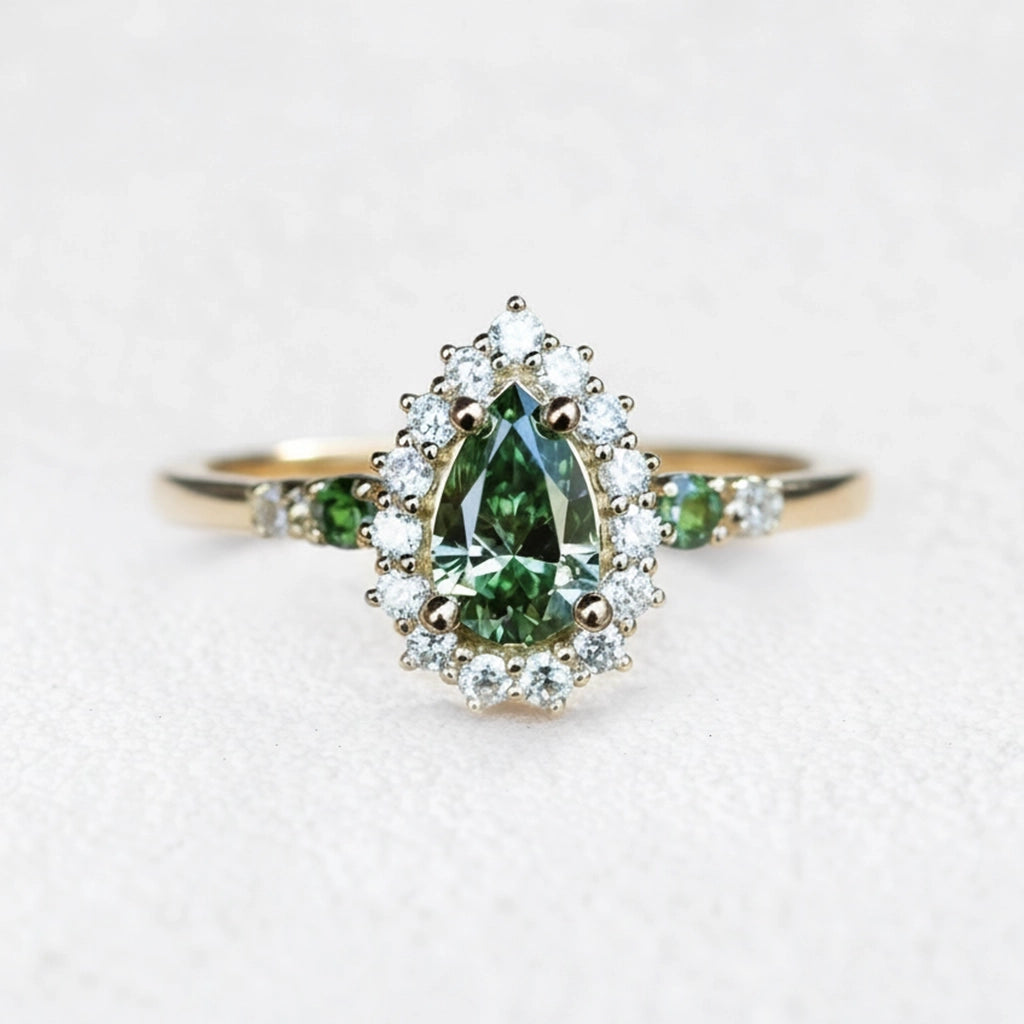 Stella's Mint | Classic Pear Cut Green Diamond Engagement Ring.