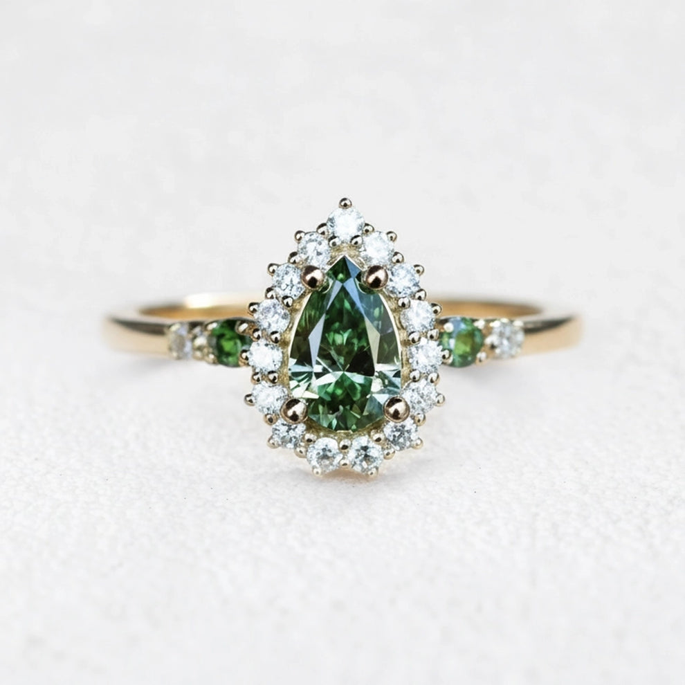 Stella's Mint | Classic Pear Cut Green Diamond Engagement Ring.