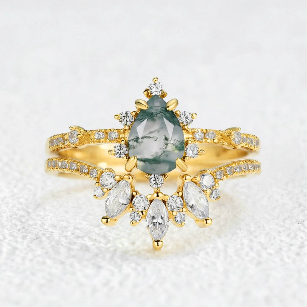 Unique Pear Cut Moss Agate Cluster Engagement Ring Set.