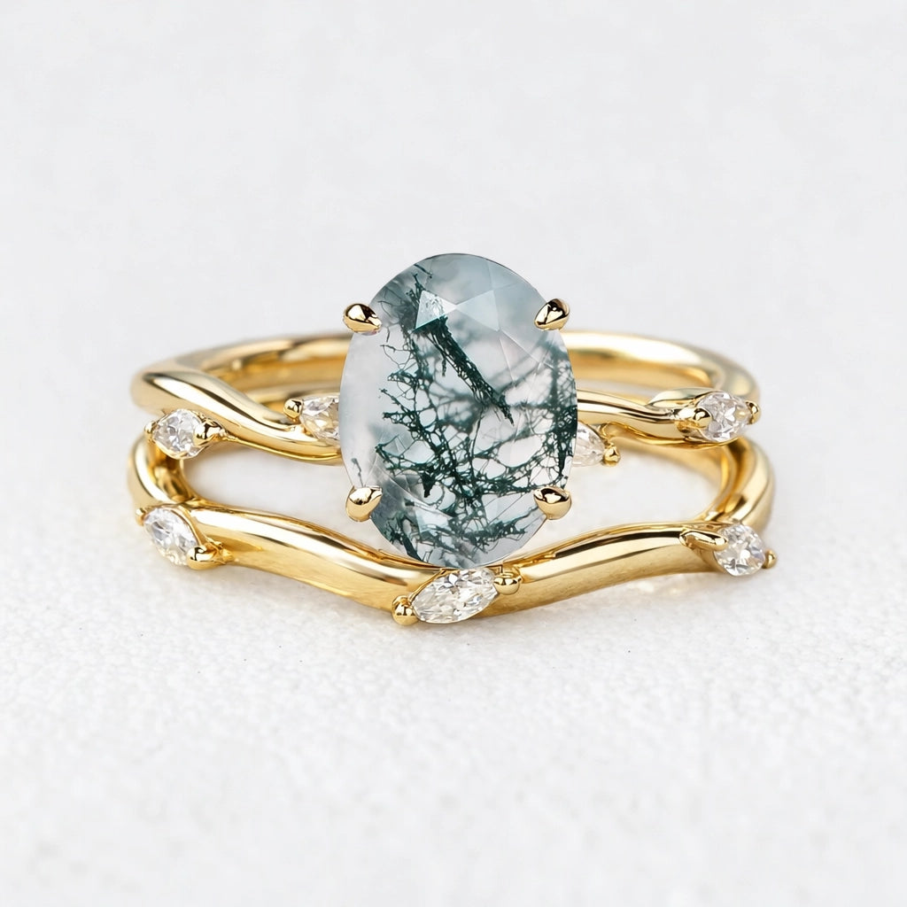 Genevieve’s Garland | Oval Moss Agate Foliage Bridal Duo