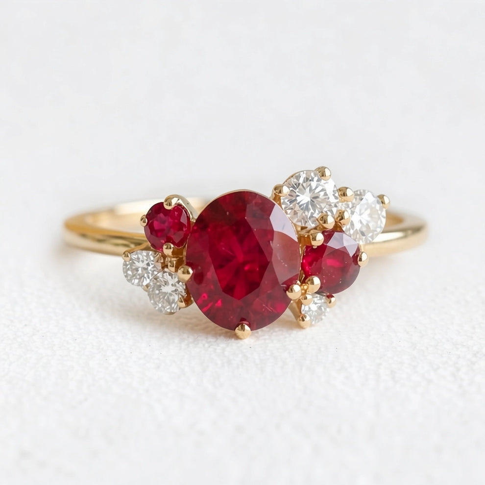Dainty 1CT Oval Cut Ruby Halo Engagement Ring.
