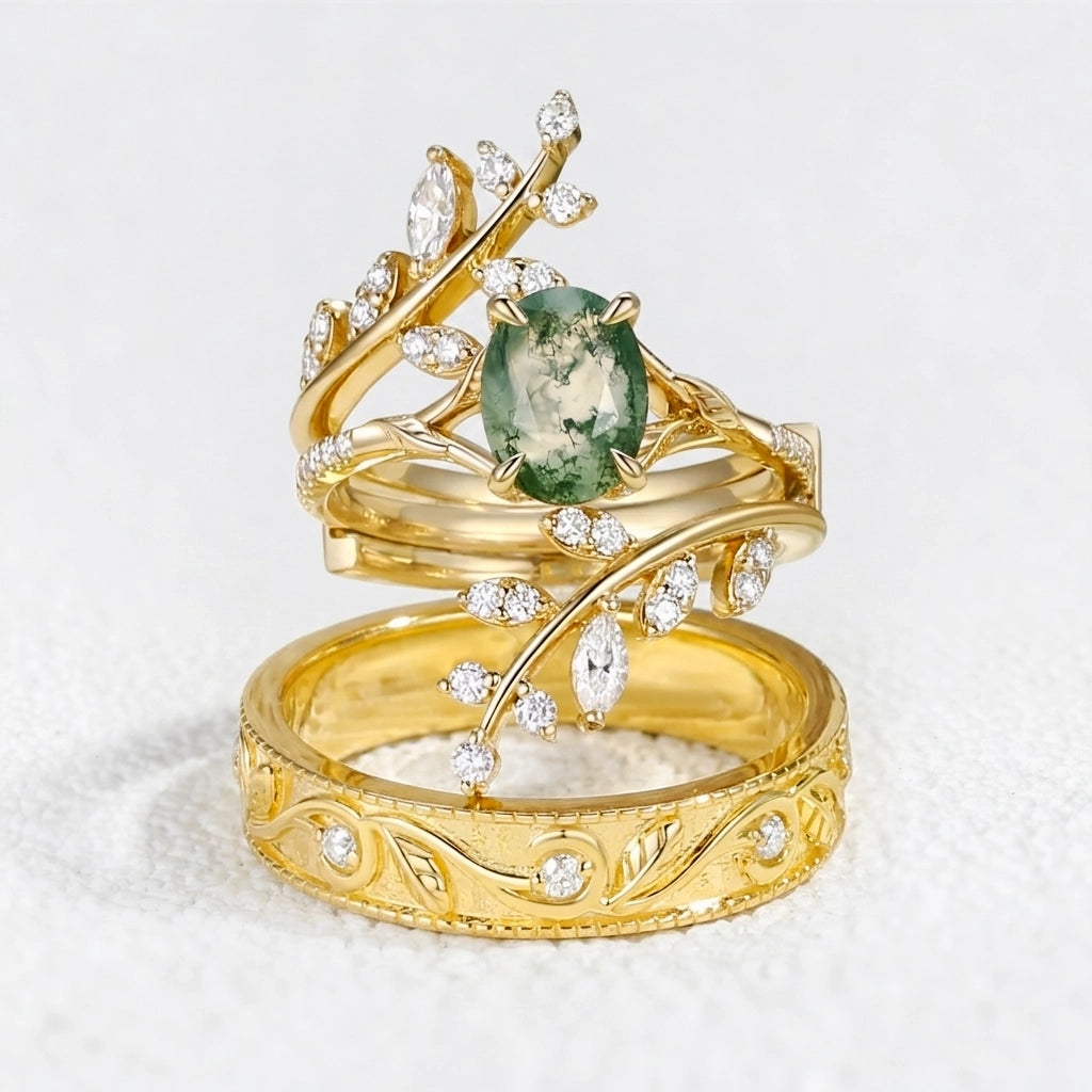 Flora’s Enclosure | Oval Moss Agate Cluster Couple Ring Set 3pcs.