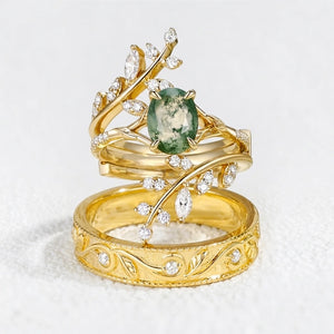 Flora’s Enclosure | Oval Moss Agate Cluster Couple Ring Set 3pcs.