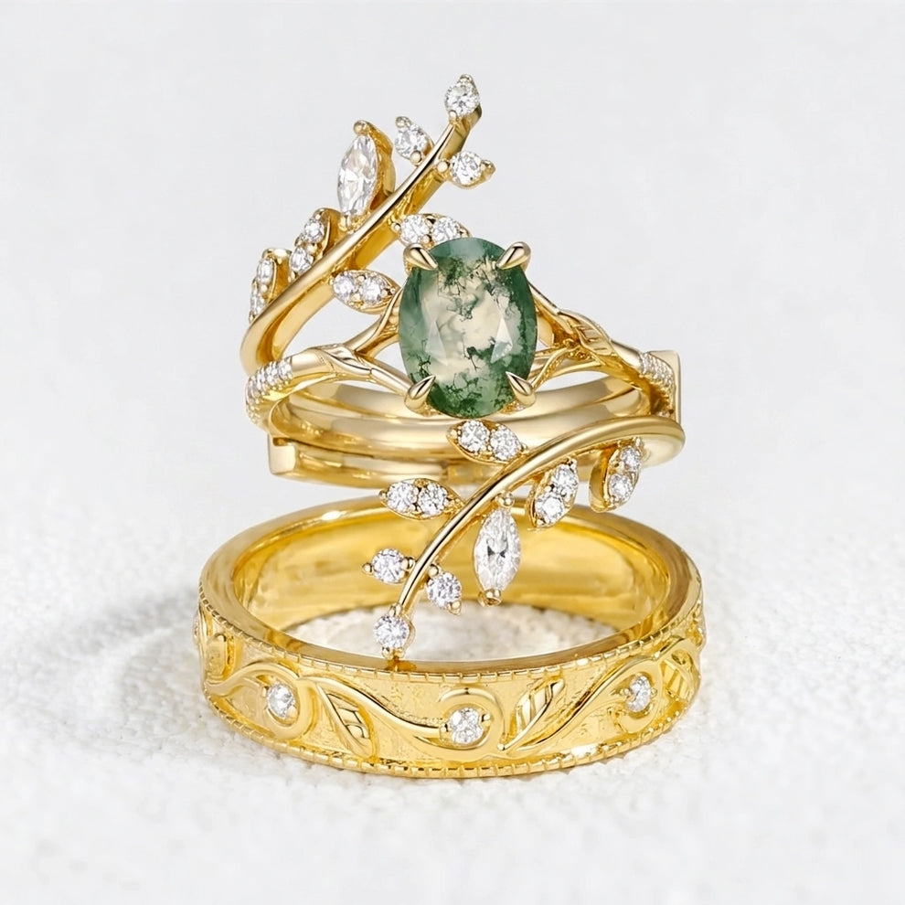 Flora’s Enclosure | Oval Moss Agate Cluster Couple Ring Set 3pcs.