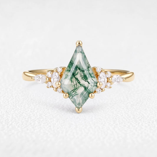 Sylvie’s Thistle | Vintage Kite Cut Moss Agate Cluster Engagement Ring