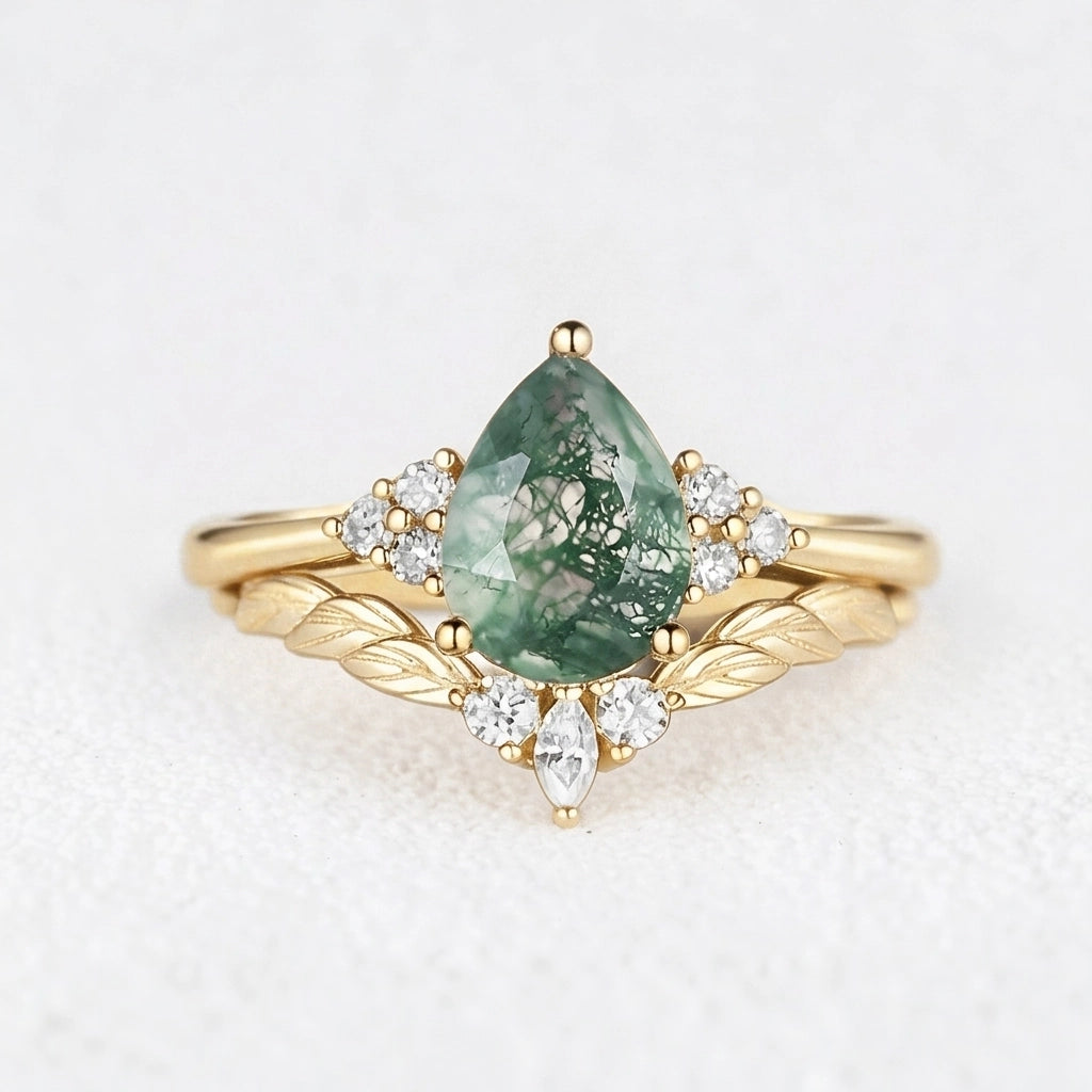Mirabel’s Idyll | Unique Moss Agate Leaf Engagement Ring Set 2pcs.