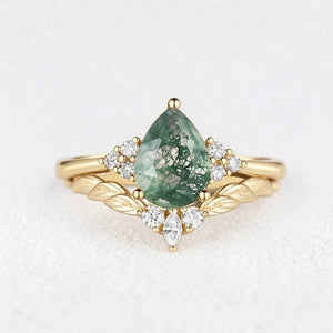 Mirabel’s Idyll | Unique Moss Agate Leaf Engagement Ring Set 2pcs.