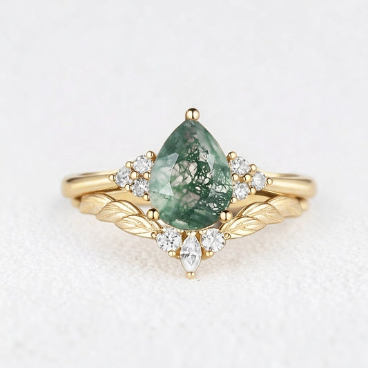 Mirabel’s Idyll | Unique Moss Agate Leaf Engagement Ring Set 2pcs.