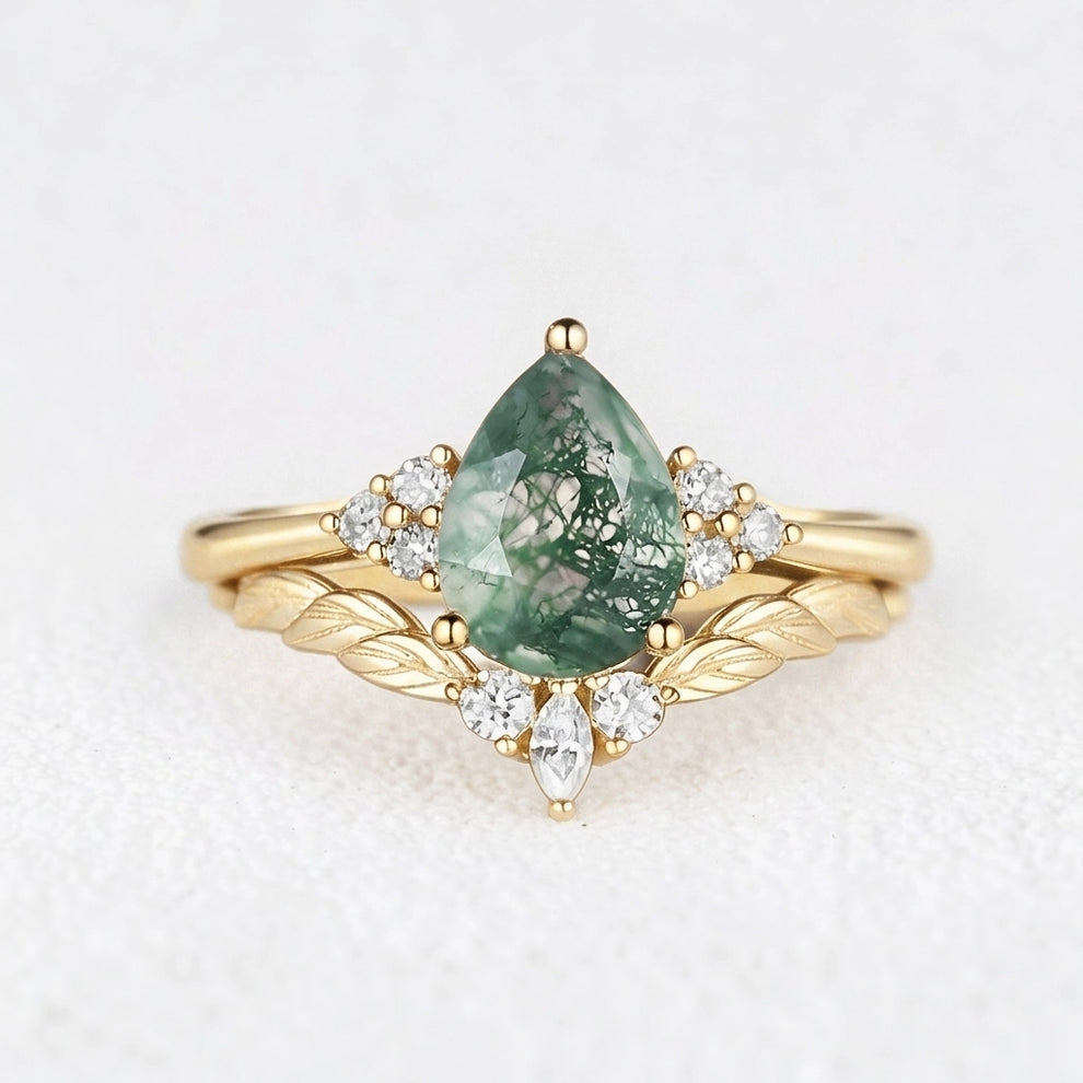Mirabel’s Idyll | Unique Moss Agate Leaf Engagement Ring Set 2pcs.