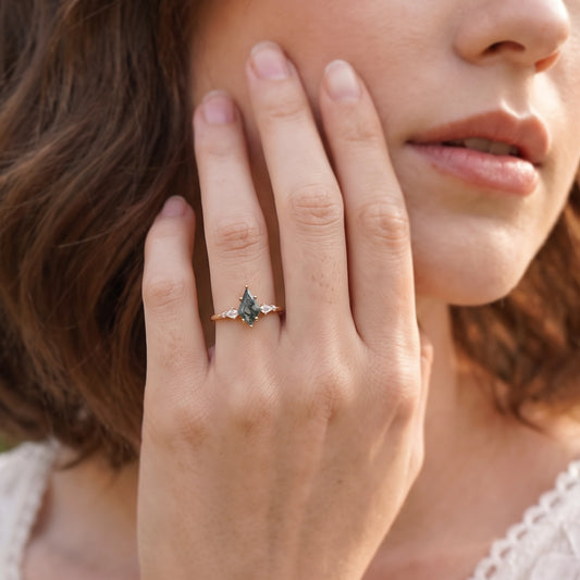 Celandine’s Grove | Kite Cut Moss Agate Five-Stone Engagement Ring