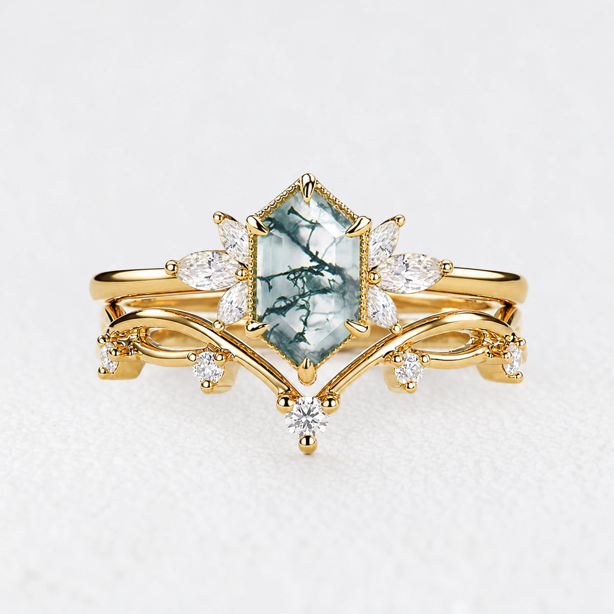 Alexandra’s Heritage | Hexagon Moss Agate & Moissanite Vintage Bridal Duo