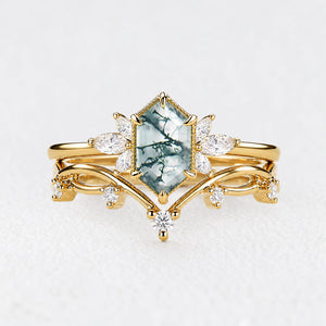 Alexandra’s Heritage | Hexagon Moss Agate & Moissanite Vintage Bridal Duo