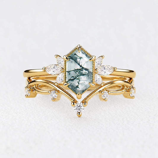 Alexandra’s Heritage | Hexagon Moss Agate & Moissanite Vintage Bridal Duo