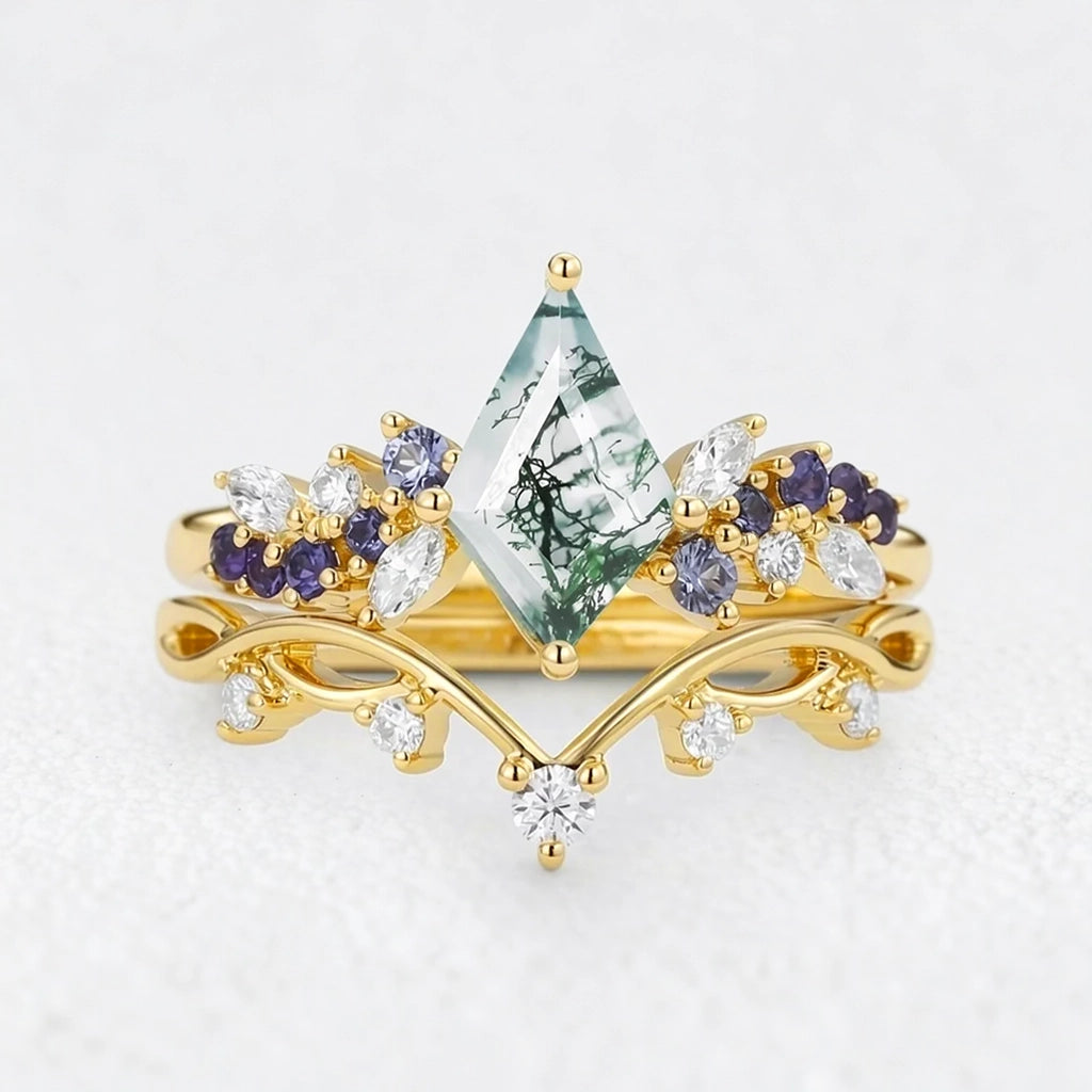 Isadora’s Rhapsody | Kite Moss Agate & Gradient Sapphire Bridal Duo