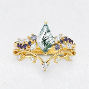 Isadora’s Rhapsody | Kite Moss Agate & Gradient Sapphire Bridal Duo