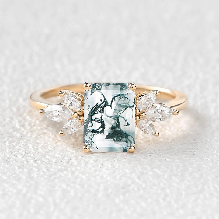 Sylvie’s Lattice | Emerald Cut Moss Agate Cluster Engagement Ring.