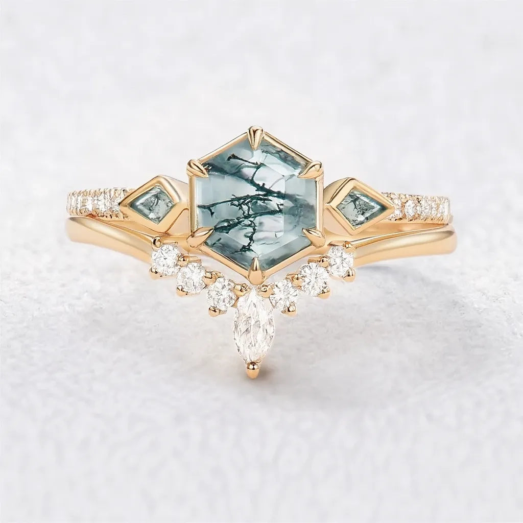 Linden’s Meadow |  Hexagon Moss Agate Three Stone Bridal Set 2pcs.