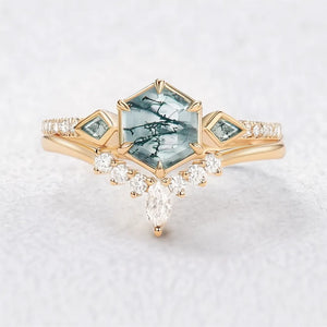 Linden’s Meadow |  Hexagon Moss Agate Three Stone Bridal Set 2pcs.