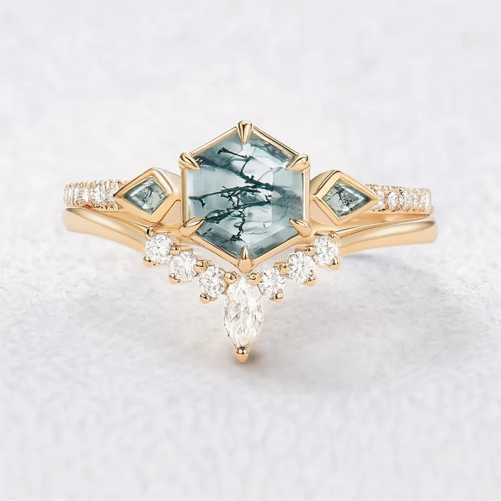 Linden’s Meadow |  Hexagon Moss Agate Three Stone Bridal Set 2pcs.