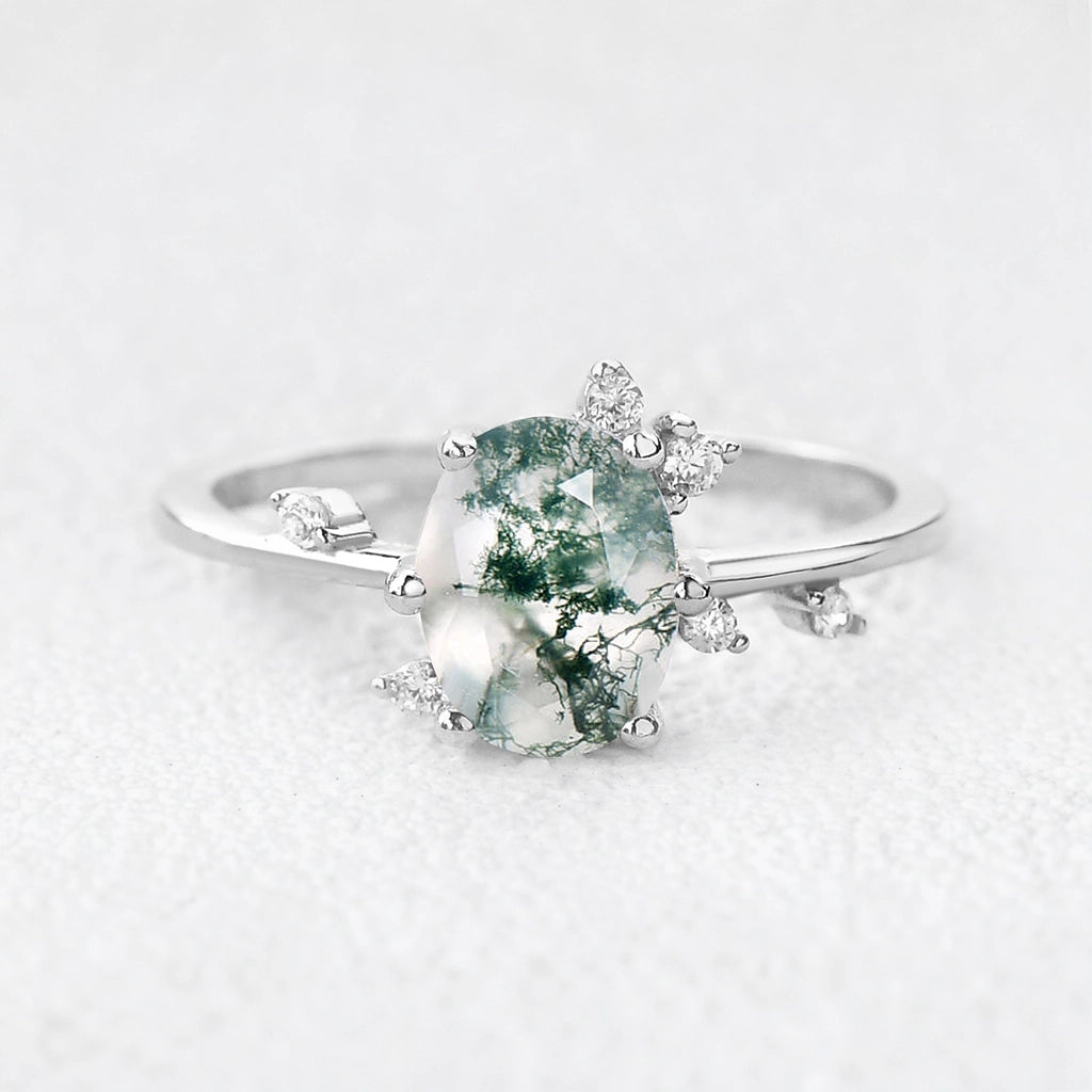 Elara’s Dew | Classic Oval Moss Agate Engagement Ring.