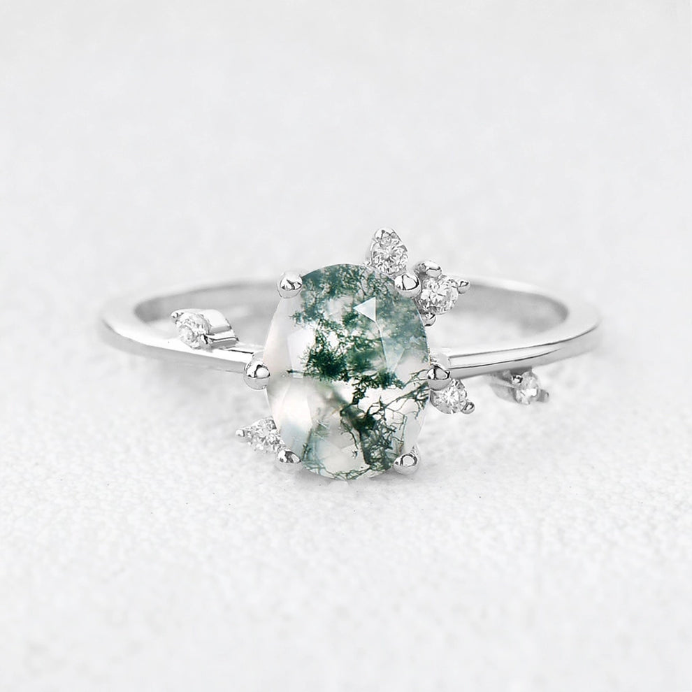 Elara’s Dew | Classic Oval Moss Agate Engagement Ring.