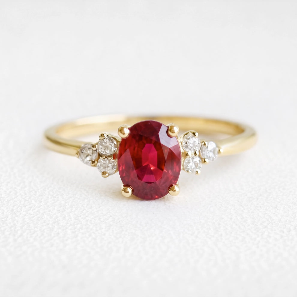 Valencia’s Crimson | 1.5CT Oval Ruby & Diamond Cluster Engagement Ring