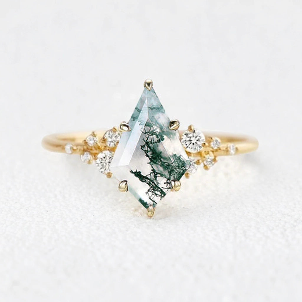 Elara’s Drift | Large Kite Cut Moss Agate Engagement Ring.