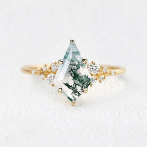 Elara’s Drift | Large Kite Cut Moss Agate Engagement Ring.
