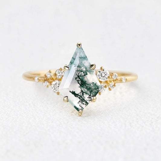 Elara’s Drift | Large Kite Cut Moss Agate Engagement Ring.