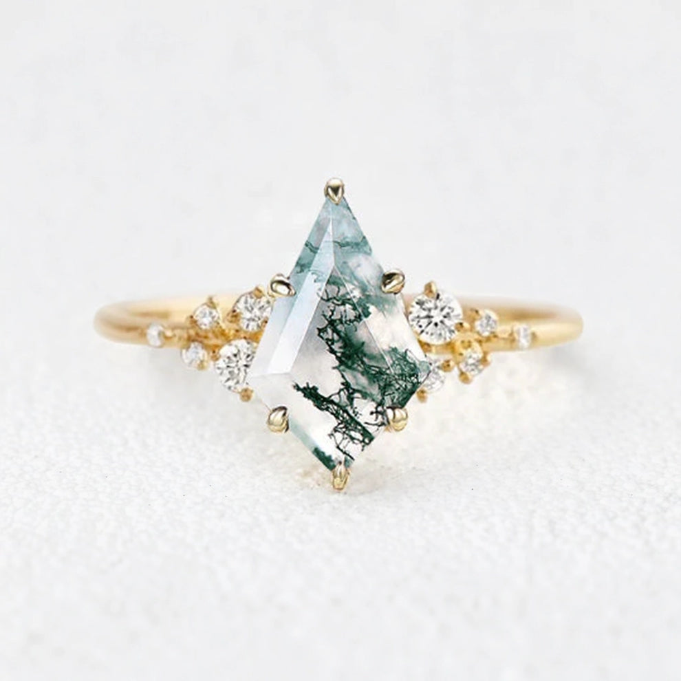 Elara’s Drift | Large Kite Cut Moss Agate Engagement Ring.