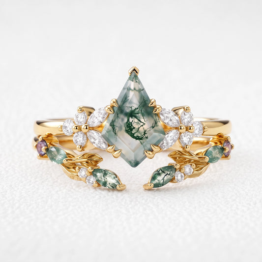Marigold’s Drift | Kite Cut Moss Agate Leafy Bridal Set 2pcs