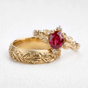 Aurora’s Ember | Oval Ruby Vintage & Noble Oak Band Couple Set