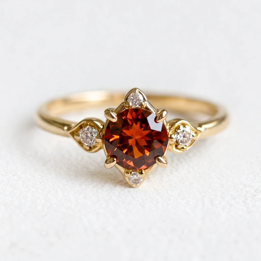 Juliet’s Crimson | Round Cut Garnet Halo Engagement Ring