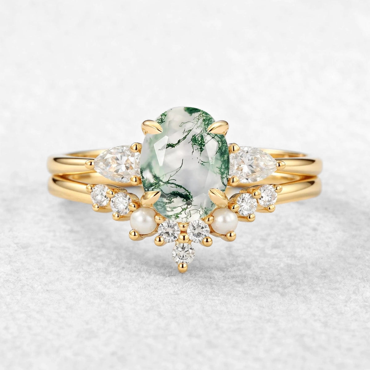 Nancy Oval Cut Moss Agate Vintage Gold Ring Set 2pcs.