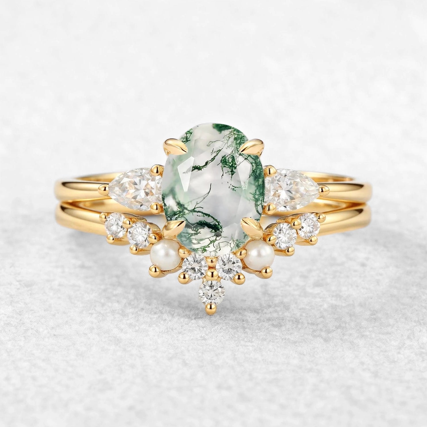 Nancy Oval Cut Moss Agate Vintage Gold Ring Set 2pcs.