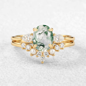Nancy Oval Cut Moss Agate Vintage Gold Ring Set 2pcs.