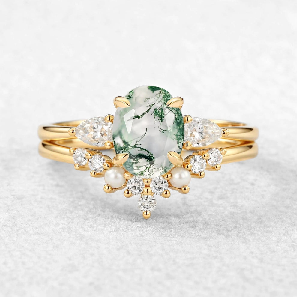 Nancy Oval Cut Moss Agate Vintage Gold Ring Set 2pcs.