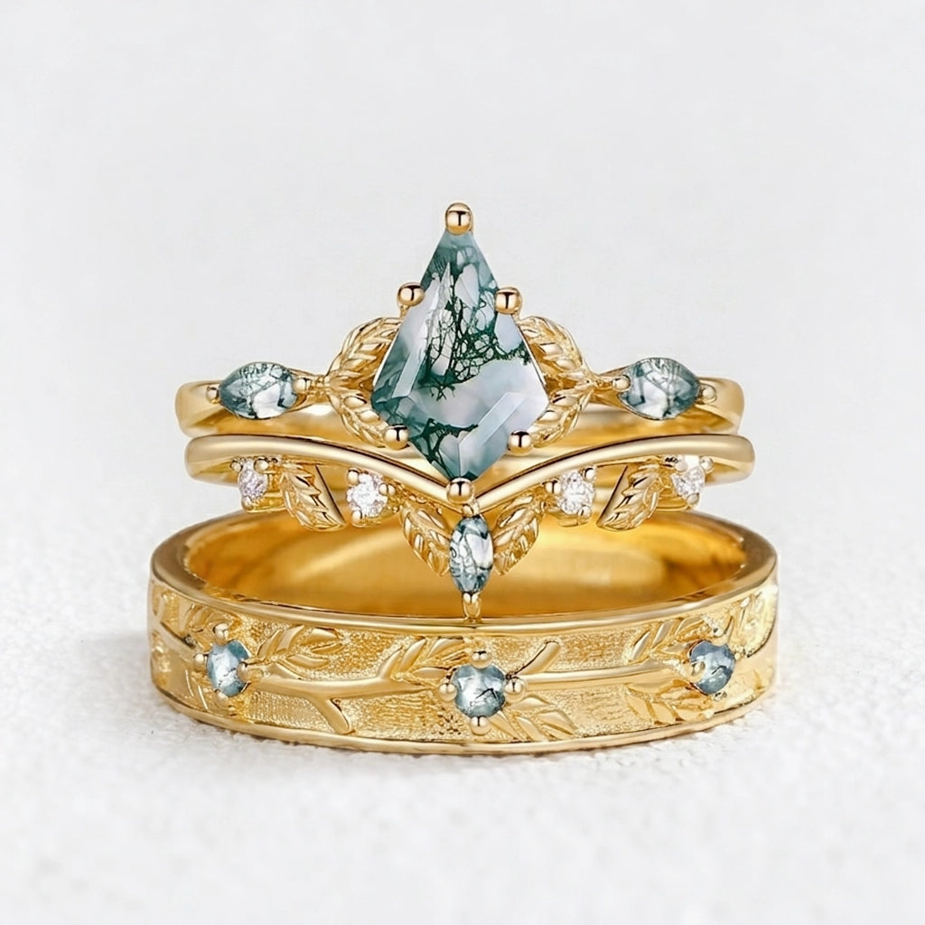 Sylvie’s Bower | Kite Cut Moss Agate Leafy Cluster Couple Ring Set 3pcs.