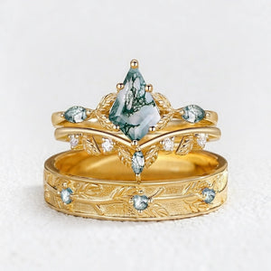 Sylvie’s Bower | Kite Cut Moss Agate Leafy Cluster Couple Ring Set 3pcs.