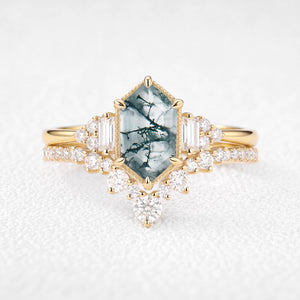 Ariadne’s Labyrinth | Elongated Hexagon-Cut Moss Agate Milgrain Chevron Bridal Set 2pcs