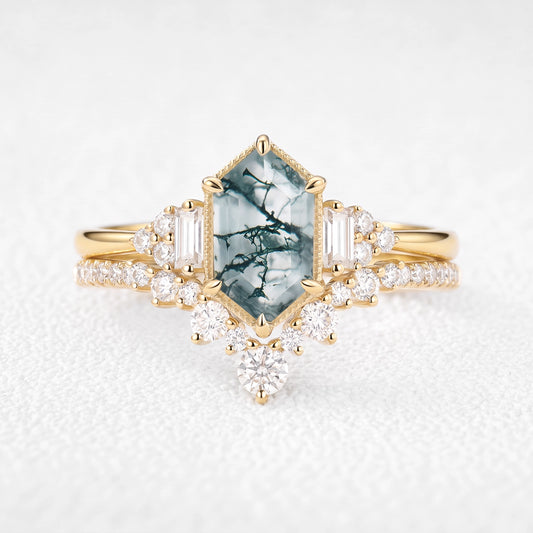 Long Hexagon Moss Agate Milgrain Engagement Ring Set 2pcs