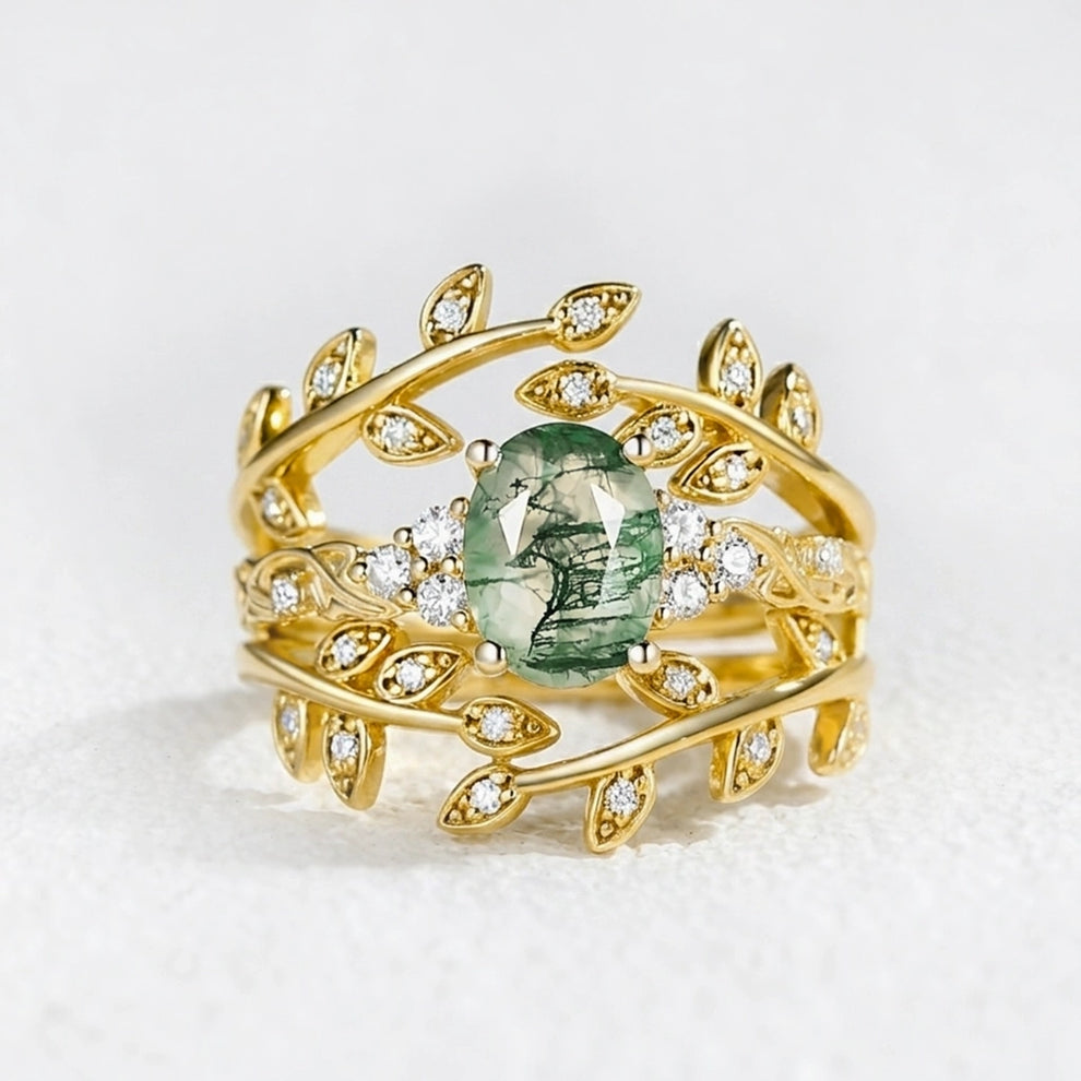 Honorée Moss Agate Leafy Branch Enhancer Ring Set 2pcs.