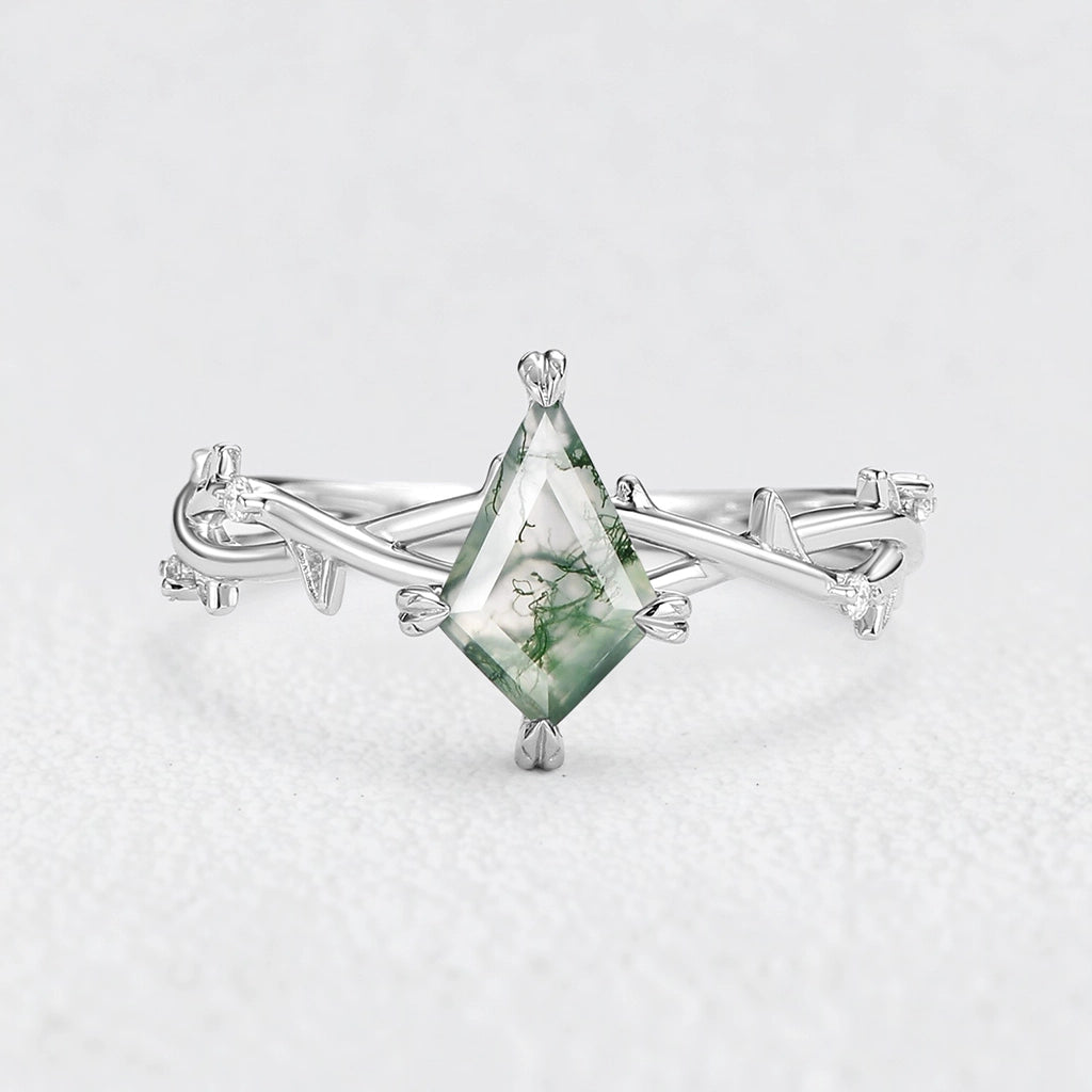 Bramble Minimalist Kite Cut Moss Agate Leafy Engagement Ring.