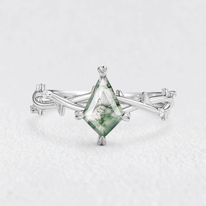 Bramble Minimalist Kite Cut Moss Agate Leafy Engagement Ring.