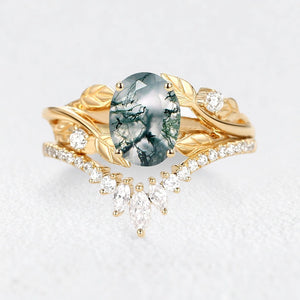 Sylvie’s Canopy | Oval Cut Moss Agate Leafy Bridal Set 2pcs